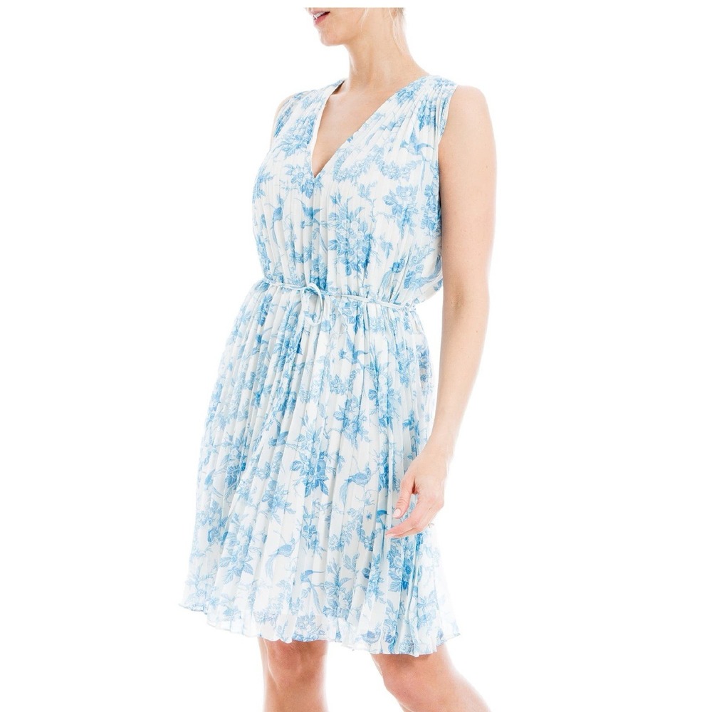 Max Studio Sleeveless Dress Small S Blue White Toile Floral Bird Print Pleated